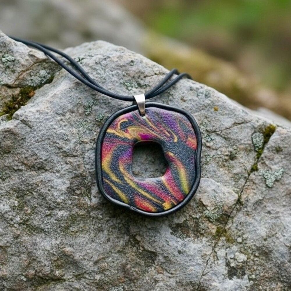 Handmade Black Multicolor Abstract Swirl Polymer Clay Statement Pendant Necklace
